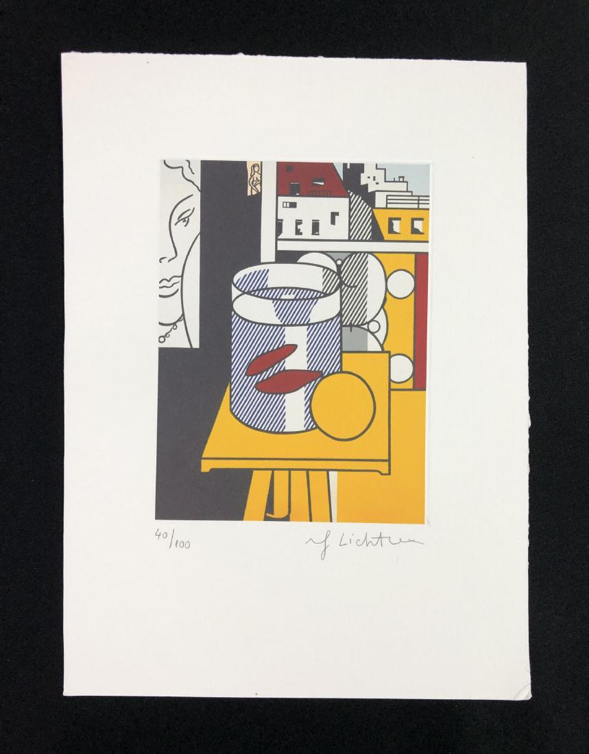 In the style of Roy Lichtenstein-- Fine Art: This lot consists of a fine art print on paper, "Roy Lichtenstein" and numbered "40/100" in graphite at bottom of composition. Image depicts a peaceful interior scene overlooking a city. Familiar obje