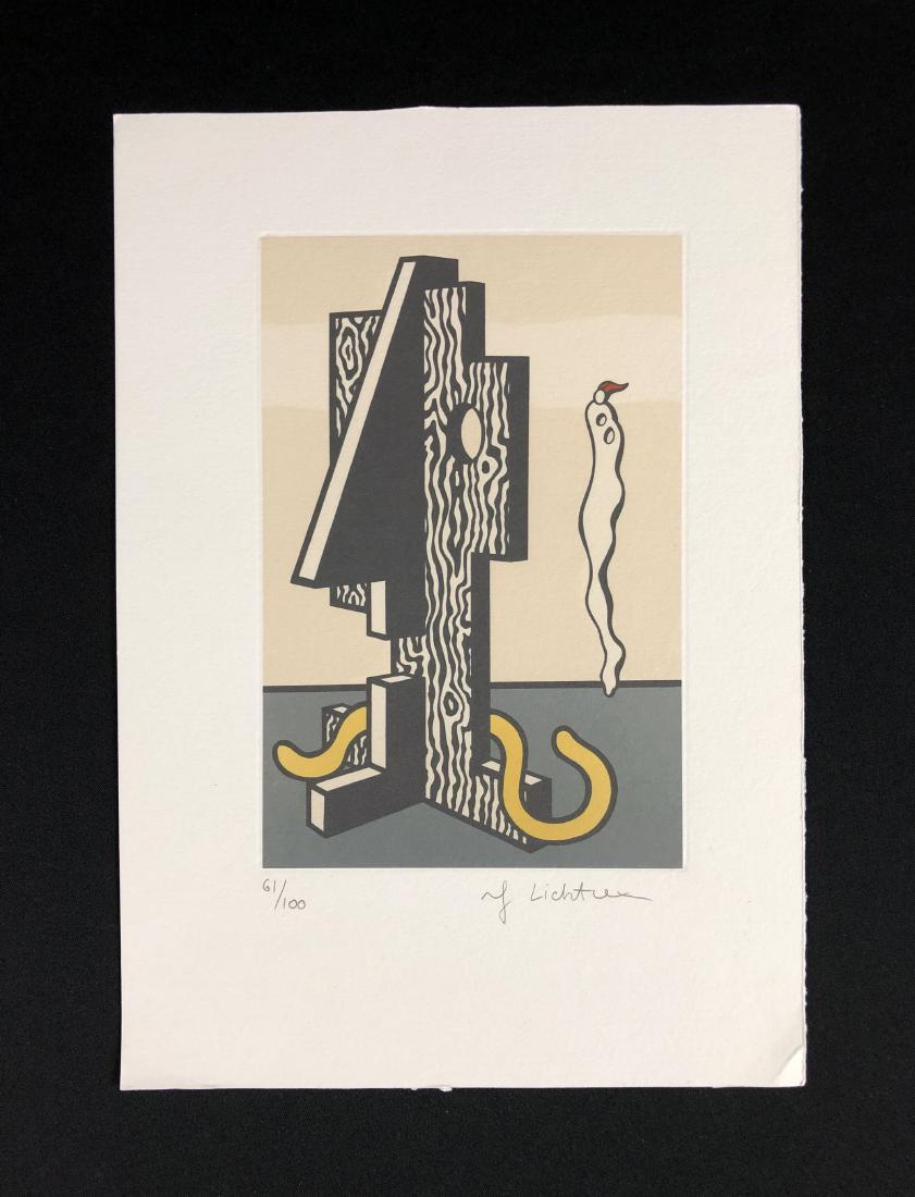 In the style of Roy Lichtenstein-- Fine Art: This lot consists of a fine art print on paper, "Roy Lichtenstein" and numbered "61/100" in graphite at bottom of composition. Image depicts an abstract scene. Seemingly random objects float around th