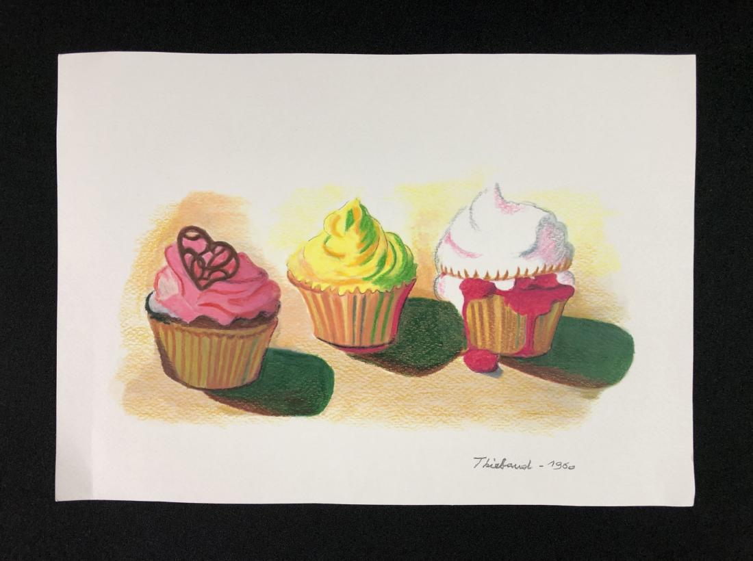 In the style of Wayne Thiebaud-- Colored Pencil on: This lot consists of a colored pencil on paper, and -dated "Thiebaud - 1960" in graphite at bottom. Image depicts three brightly colored cupcakes in dramatic lighting. Done in the modern, Pop Art styl