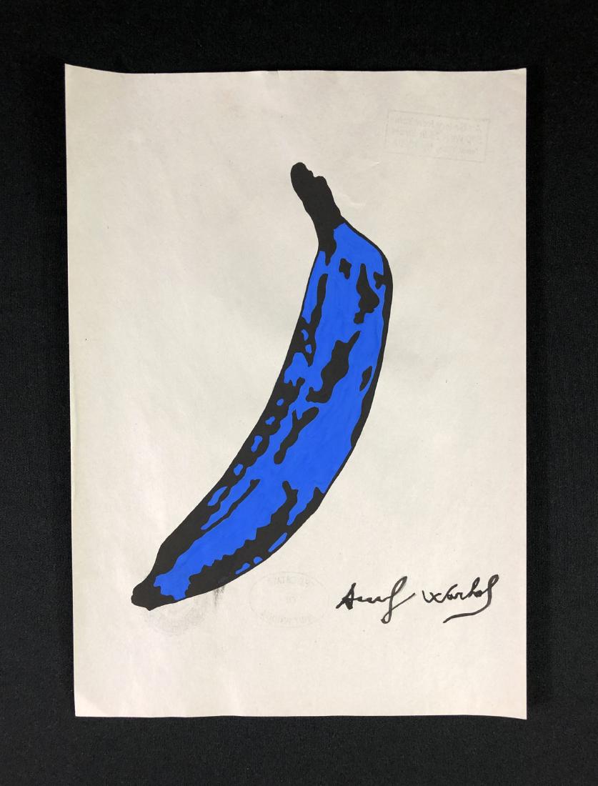 In the style of Andy Warhol-- Mixed Media on: This lot consists of a mixed media (ink and gouache) illustration on paper, hand-painted and - "Andy Warhol" at lower right. This Pop Art image depicts a stark, blue-and-black view of an otherwise lif