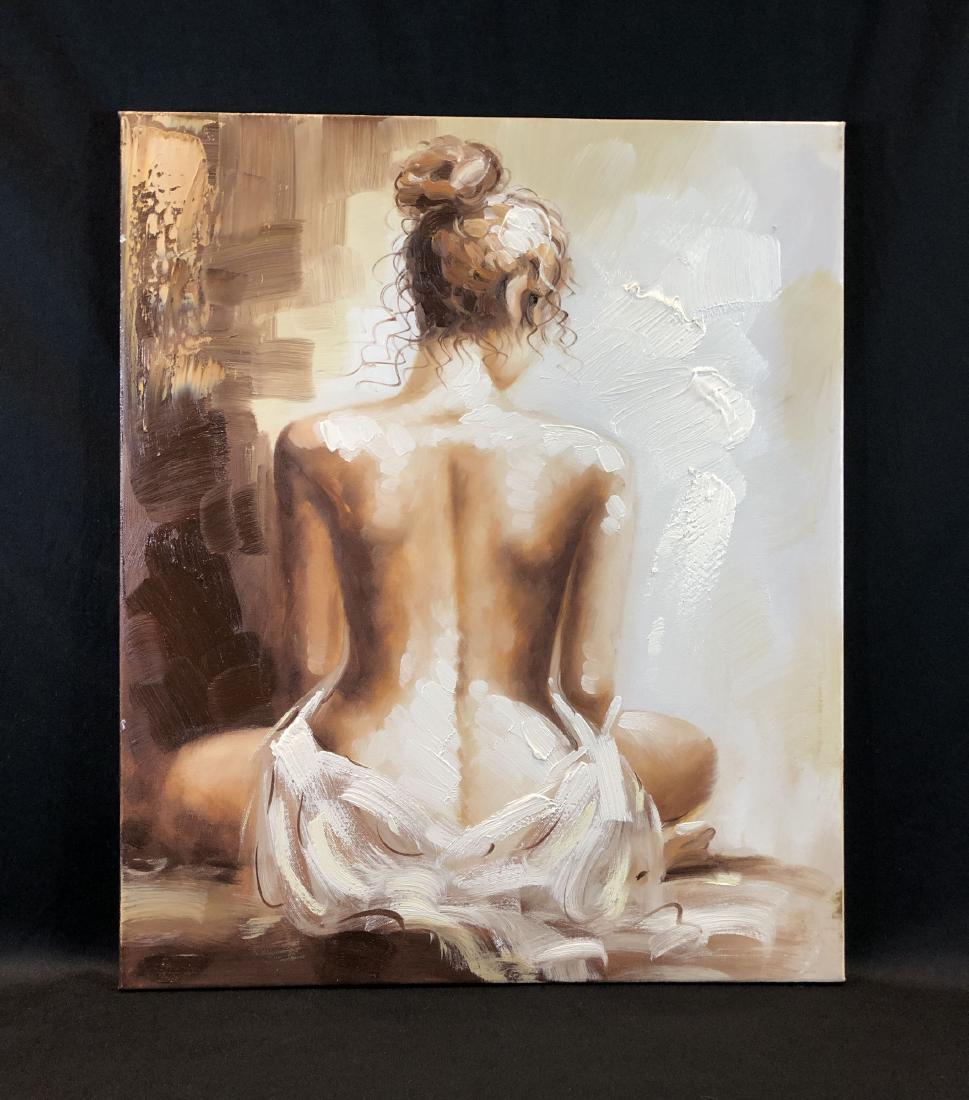 In the style of Un Fine Art Oil on Canvas -- Portrait: This lot consists of an un oil painting on canvas. This gorgeous image depicts a seated nude woman as seen from behind. Her hair is held in a loose, textural bun, and the light has been masterfully re