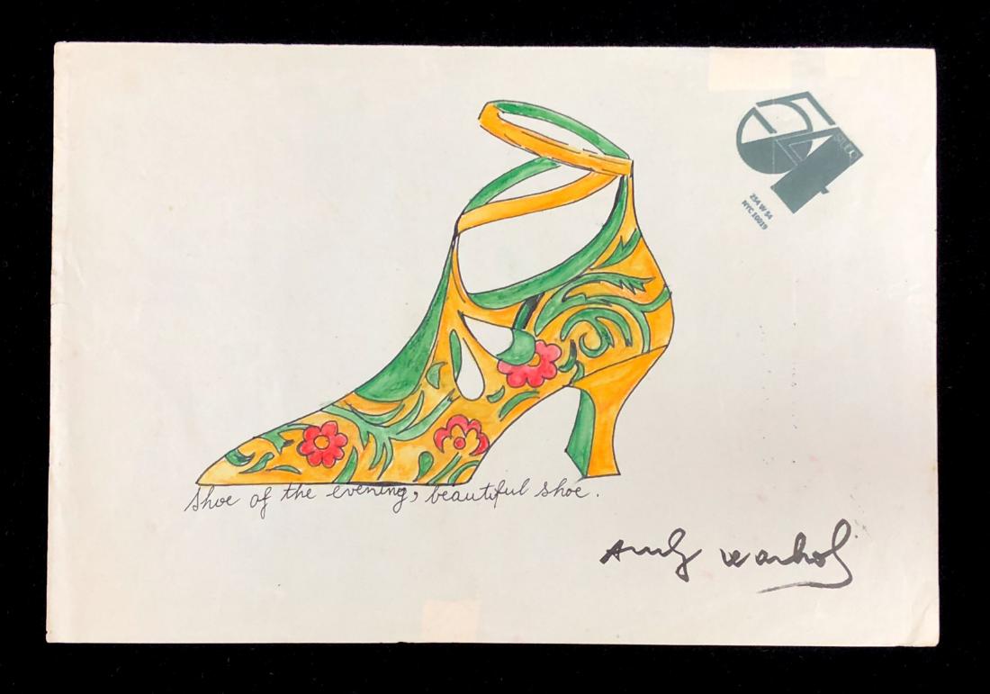 In the style of Andy Warhol-- Hand Painted Mixed: This lot consists of a hand painted mixed media (ink and watercolor) on paper, "Andy Warhol" at bottom right. Image depicts a vibrant yellow ladies shoe with green leaves and pink flowers, done in the