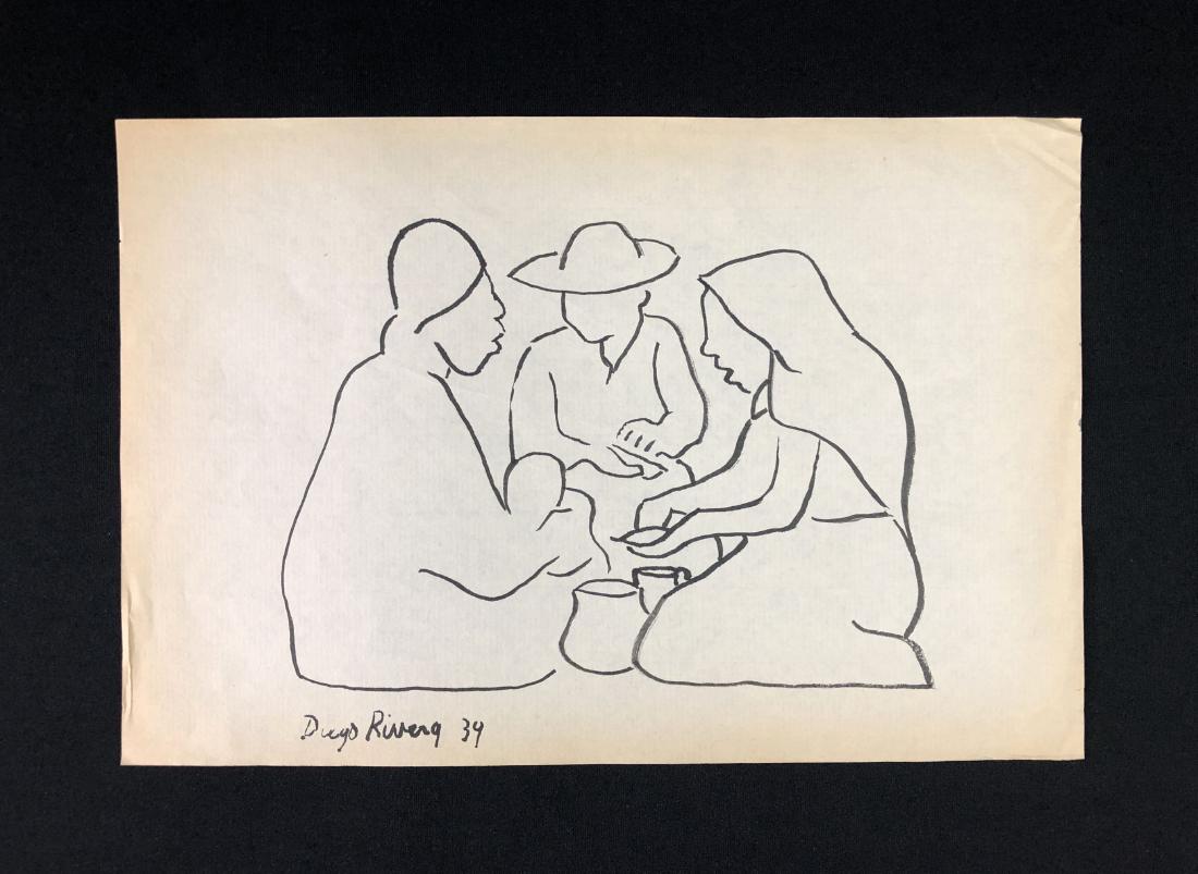 In the style of Diego Rivera-- Hand Drawn Ink on: This lot consists of an ink illustration on laid paper, and dated "Diego Rivera 39" at bottom left. This simplistic drawing depicts three figures of seemingly humble station. They wear traditional gar
