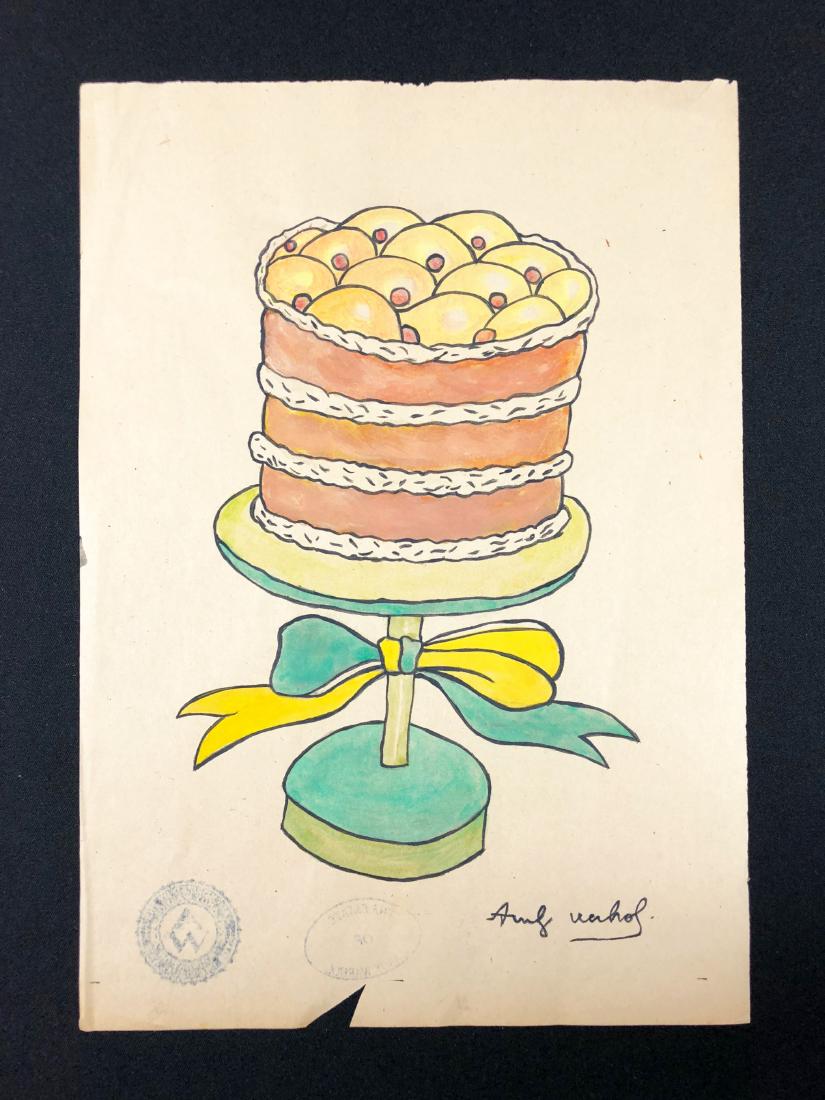 In the style of Andy Warhol-- Hand Painted: This lot consists of a Hand Painted Watercolor on paper ''Andy Warhol'' at the bottom left. Image depicts a three layer cake on a pedestal with a ribbon tied around the stem. Done in the Pop Art style
