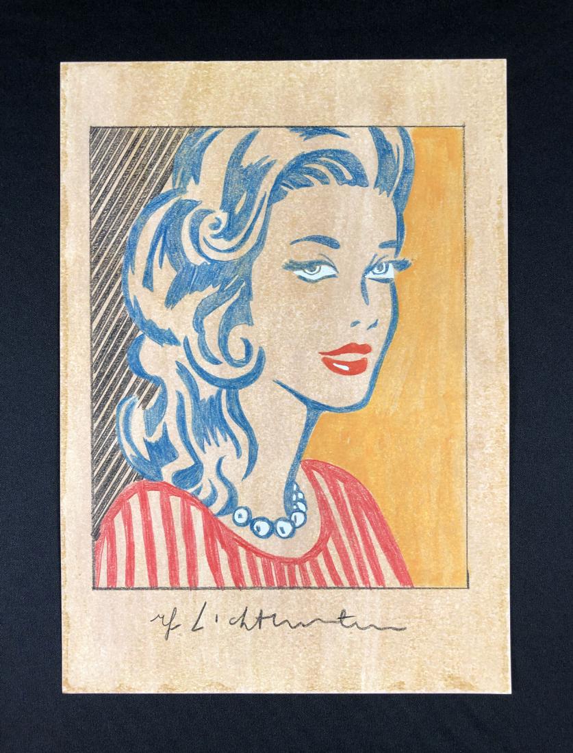 In the style of Roy Lichtenstein-- Mixed Media: This lot consists of a mixed media (colored pencil and watercolor) on paper, "Roy Lichtenstein" at bottom. Image depicts a well-manicured young woman with a pearl necklace and a fanciful blue coiffure