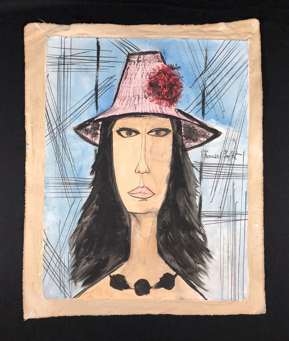 In the style of Bernard Buffet-- Hand Painted Oil: This lot consists of a hand painted Oil Painting on Canvas, "Bernard Buffet" at right. Image depicts a woman with inky features and surroundings that seem to pool with color. Nothing distracts from th