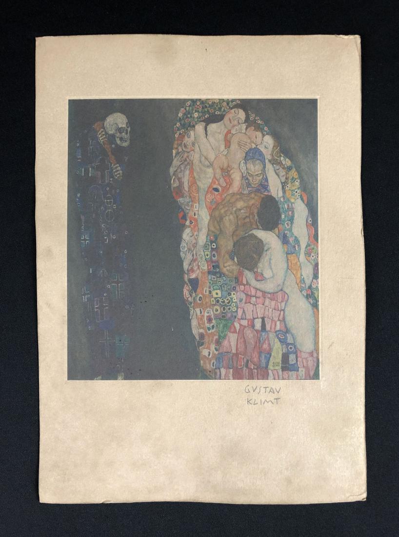 In the style of Gustav Klimt-- Fine Art Print --: This lot consists of a fine art print on paper, "Gustav Klimt" in graphite at bottom of composition. This brooding image is neatly divided between left and right; on one side, we see a puddle of color