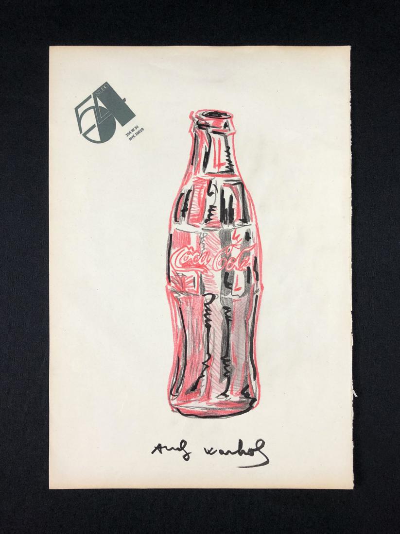 In the style of Andy Warhol-- Mixed Media on: This lot consists of a mixed media (ink and colored pencil) on paper, "Andy Warhol" in ink at bottom of composition. This cheery image depicts a life-sized glass Coca Cola bottle, rich with detail and