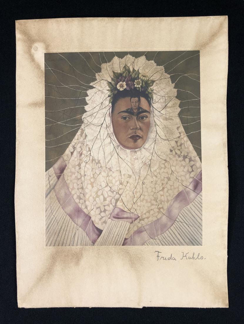 In the style of Frida Kahlo-- Fine: This lot consists of a fine art print on paper, "Frida Kahlo" in graphite at bottom. Image depicts a woman of proud beauty, with painted lips, flushed cheeks, and dark, glistening eyes that peer from 