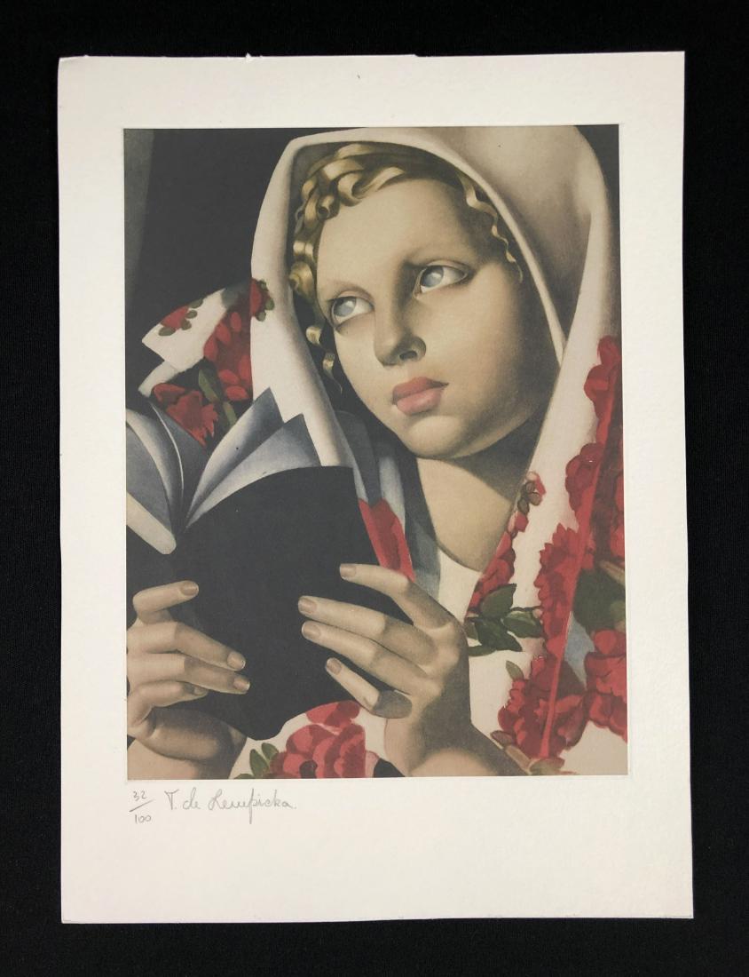 In the style of Tamara de Lempicka--: This lot consists of a fine art print on paper, "T. de Lempicka" and numbered "32/100" in graphite at lower left. Image depicts a blonde woman wearing a floral-patterned shawl over her head. She holds