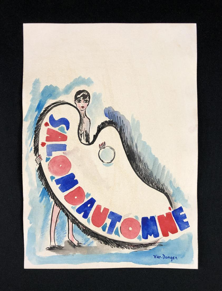 In the style of Kees van Dongen-- Hand: This lot consists of a hand-painted watercolor on paper, "Van Dongen" at lower right. Image depicts a nude woman covered by a large palette, with the words "Salon D'Automne" painted on it. Done in the