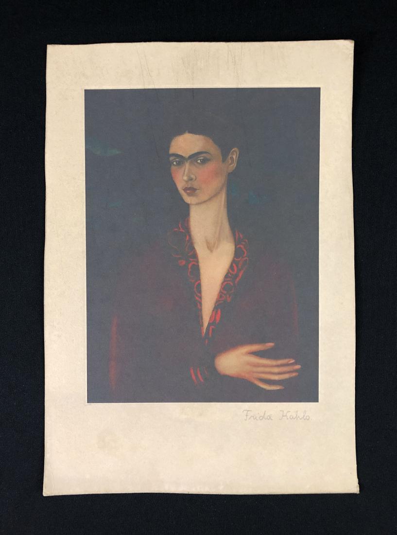 In the style of Frida Kahlo-- Fine: This lot consists of a fine art print on paper, "Frida Kahlo" in graphite at bottom. Image depicts a woman of proud beauty, with a long neck, flushed cheeks and dark, glistening eyes that peer from be