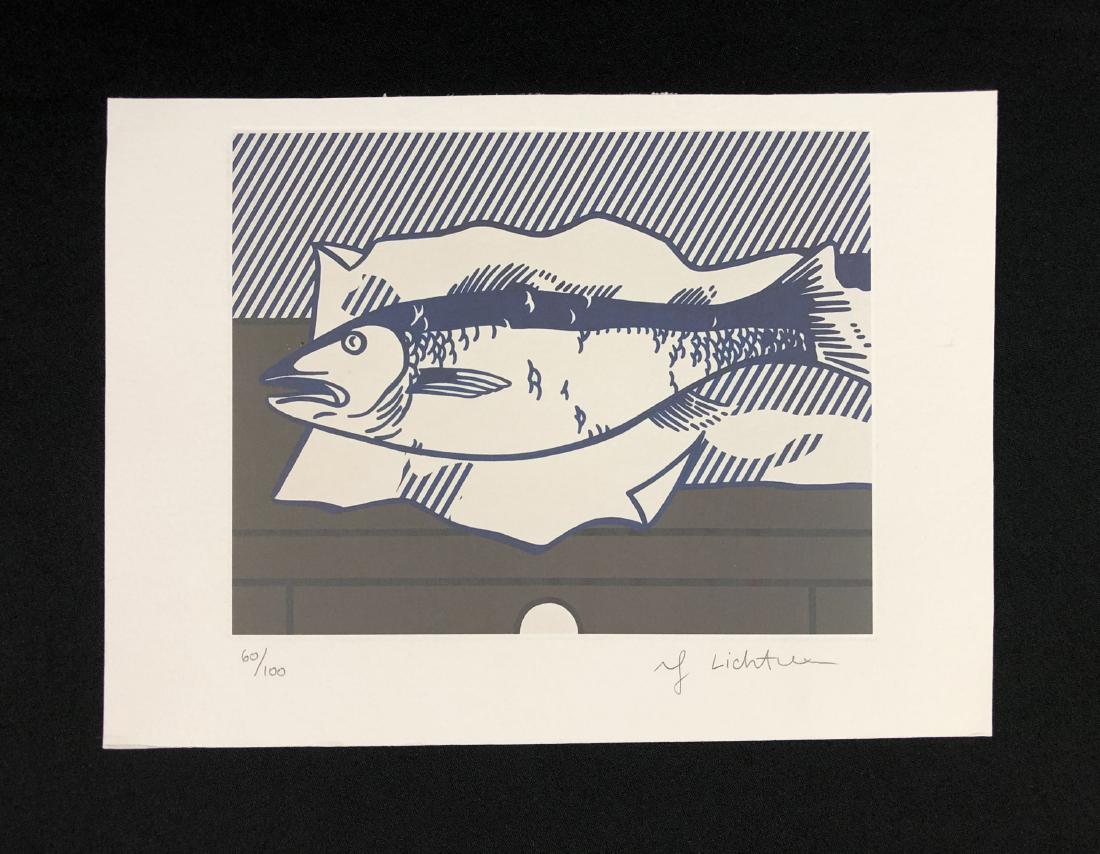 In the style of Roy Lichtenstein-- Fine Art: This lot consists of a fine art print on paper, "Roy Lichtenstein" and hand-numbered "60/250" in graphite at bottom. This attractive still life image depicts a fine fish carefully laid out on paper. A