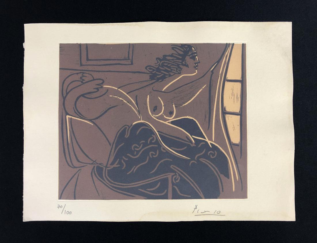 In the style of Pablo Picasso-- Fine Art Print --: This lot consists of a fine art print on paper, "Picasso" and hand-numbered "70/100" in graphite at bottom of composition. This coffee-toned image depicts two figures in bed. A woman reaches for a cur