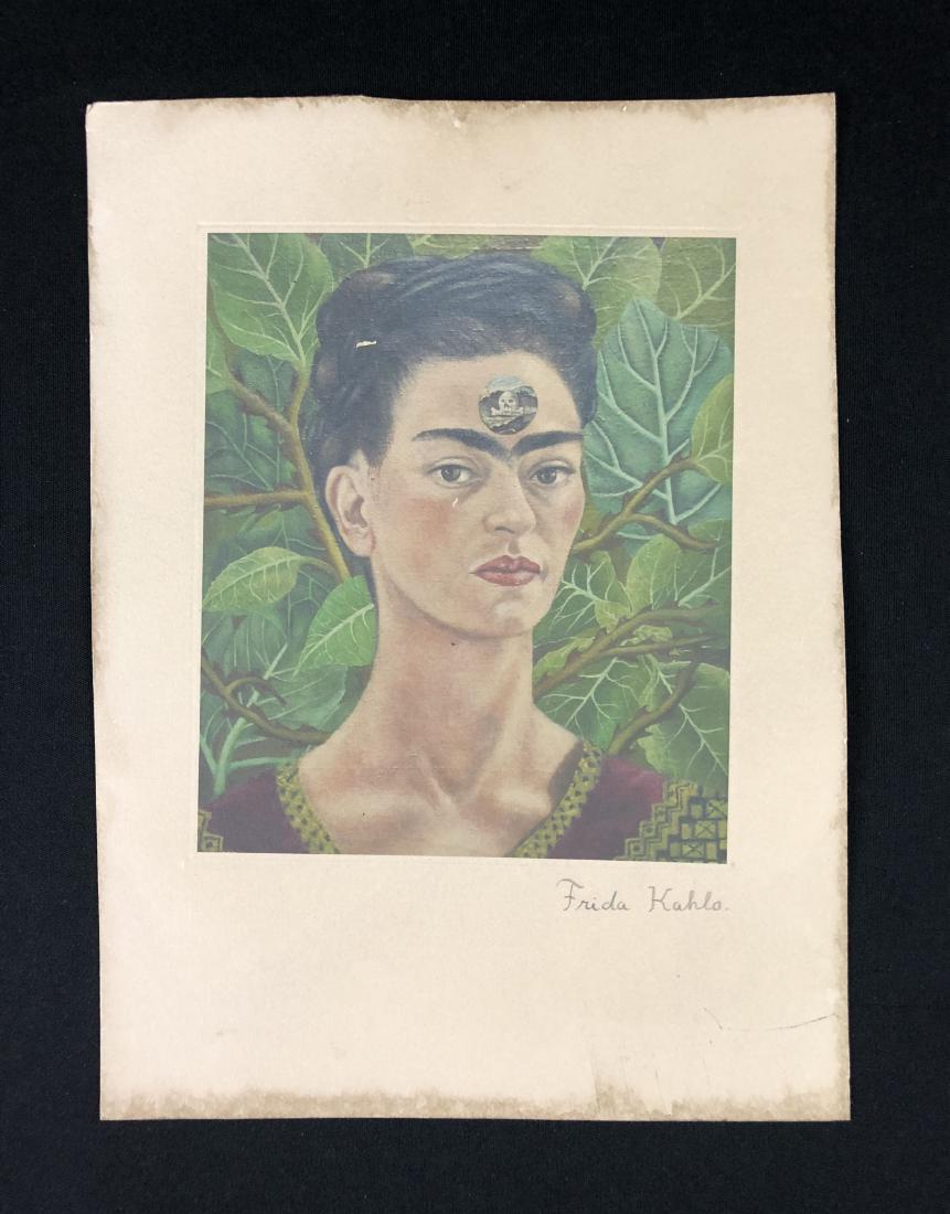 In the style of Frida Kahlo-- Fine: This lot consists of a fine art print on paper, "Frida Kahlo" in graphite at bottom. Image depicts a woman of proud beauty, with painted lips, flushed cheeks, and dark, glistening eyes that peer from 