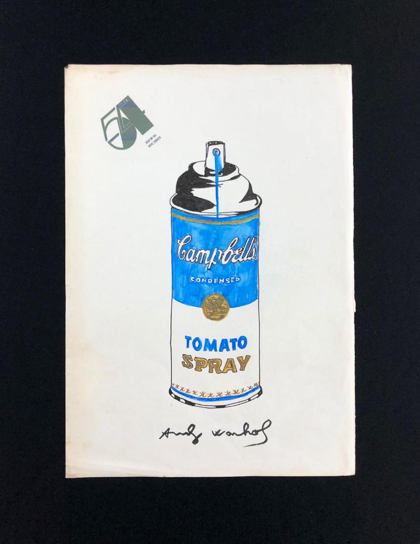 In the style of Andy Warhol-- Hand Painted: This lot consists of a hand painted mixed media (Ink and Watercolor) on paper, "Andy Warhol" at bottom center. Image portrays a can of spray paint with the Campbell's Soup logo. The label reads, "Camp