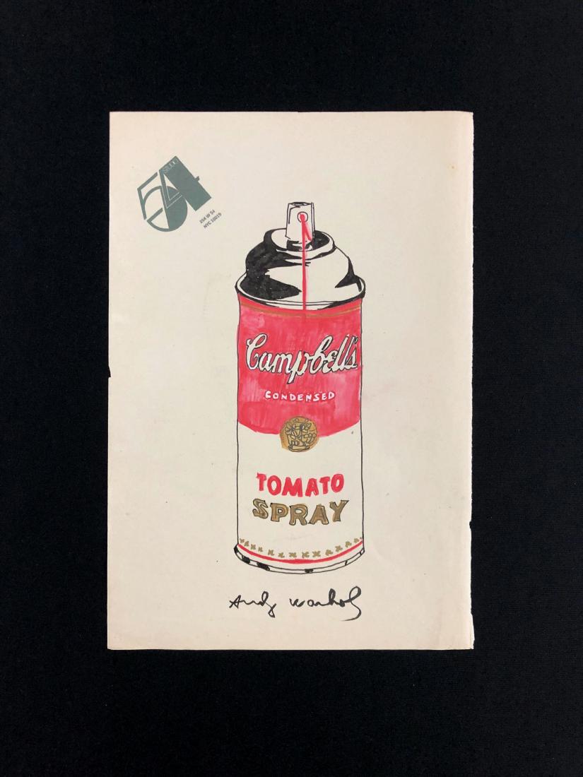 In the style of Andy Warhol-- Hand Painted: This lot consists of a hand painted mixed media on paper, "Andy Warhol" at bottom center. Image portrays a can of red spray paint with the Campbell's Soup logo. The label reads, "Campbell's Condensed 