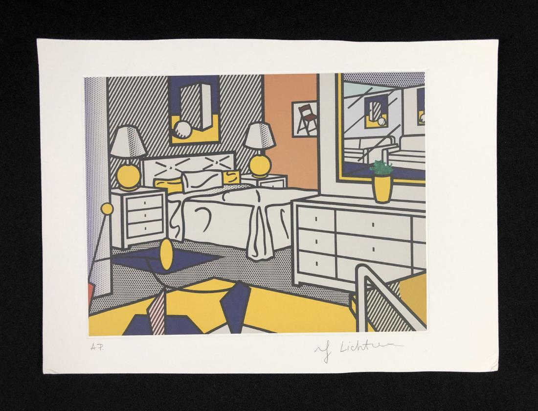 In the style of Roy Lichtenstein-- Fine Art: This lot consists of a fine art print on paper, "Roy Lichtenstein" and labeled "A.P." (artist's print) in graphite at bottom. Image depicts an orderly bedroom scene, with calm planes of comic book sha