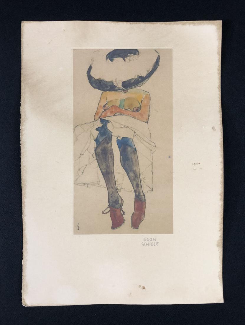 In the style of Egon Schiele-- Fine: This lot consists of a fine art print on paper, and dated "Egon Schiele " at bottom right. Image depicts a seated woman, whose face is concealed behind the massive brim of her stylish hat. She is bare