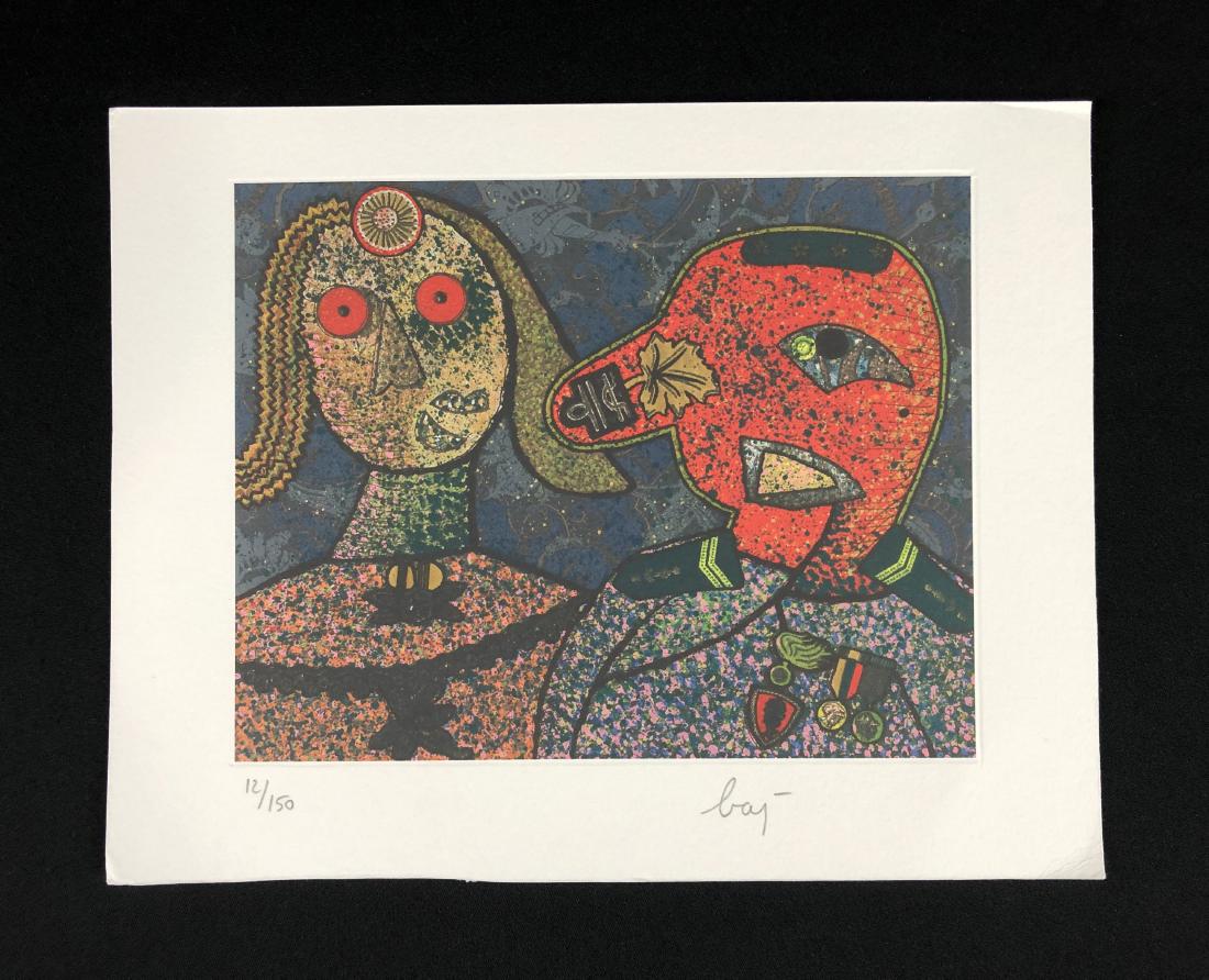 In the style of Enrico Baj-- Fine Art Print --: This lot consists of a fine art print on paper, "Baj" and hand-numbered "12/150" in graphite at bottom. Image depicts two warm-colored figures in a rectangular visual space. They appear to be a conglo