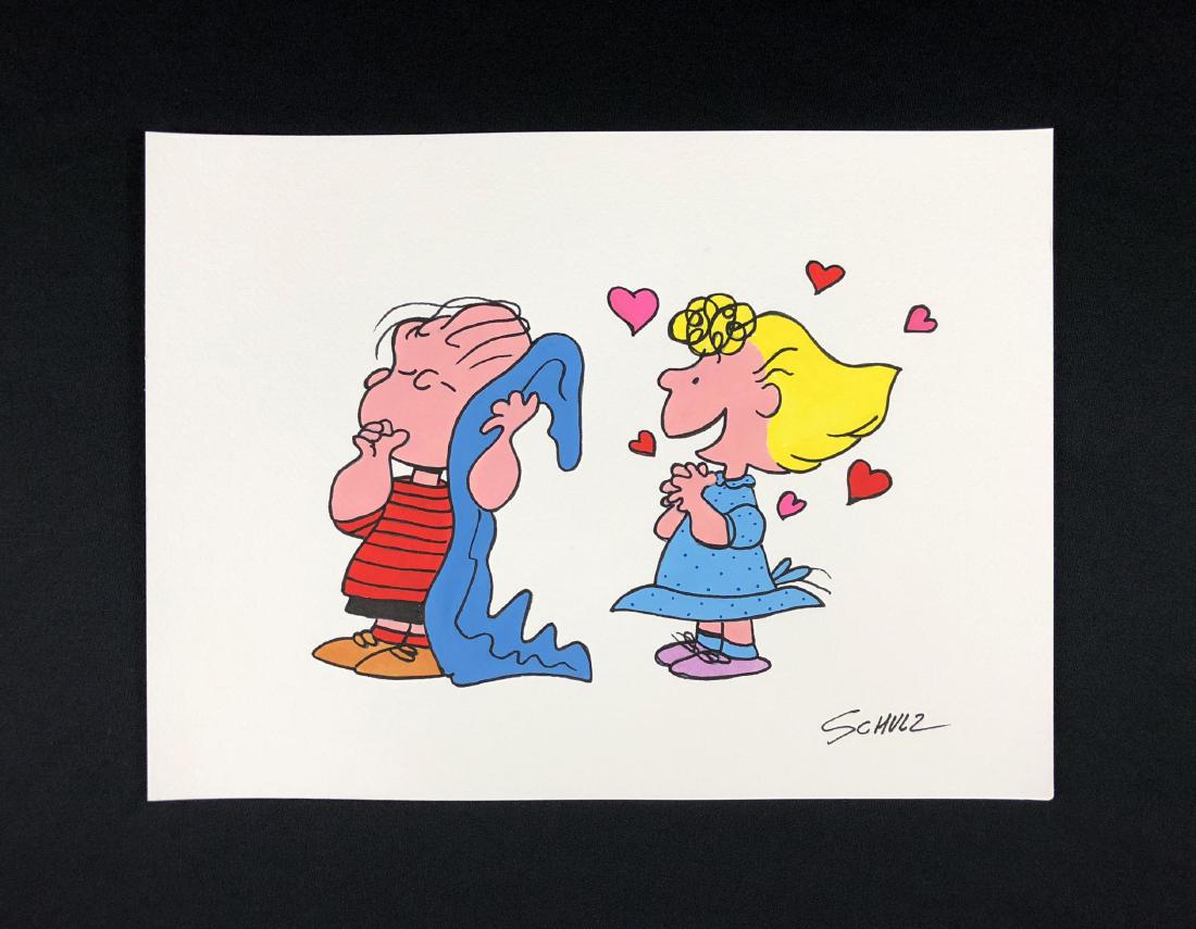 In the style of Charles M. Schultz-- Hand: This lot consists of a hand painted Ink and Watercolor on Paper ''Schulz'' in the lower right. Charlie Browns Sister, from the ''Peanuts'' comic strip with Snoopy, looks lovingly at Linus, sucking his