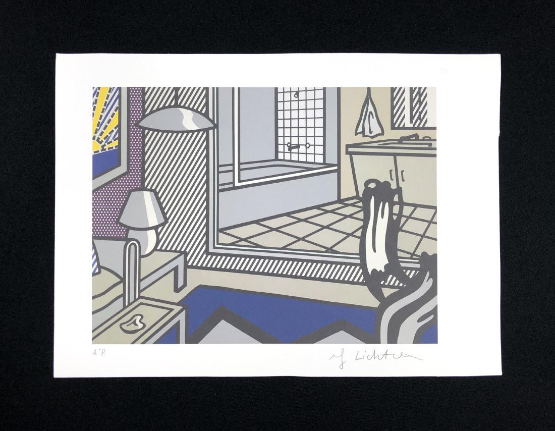 In the style of Roy Lichtenstein--: This lot consists of a fine art print on paper, Roy Lichtenstein at bottom. Labeled "A.P." (Artist's Proof). Image depicts an intimate living room scene that seems at once personal and coldly arranged