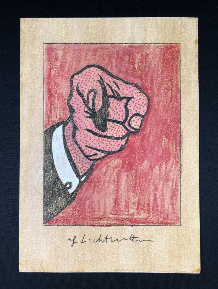In the style of Roy Lichtenstein-- Mixed Media: This lot consists of a mixed media (colored pencil and watercolor) on paper, "Roy Lichtenstein" at bottom. Image depicts a hand emerging from a field of solid red, index finger pointed directly at the