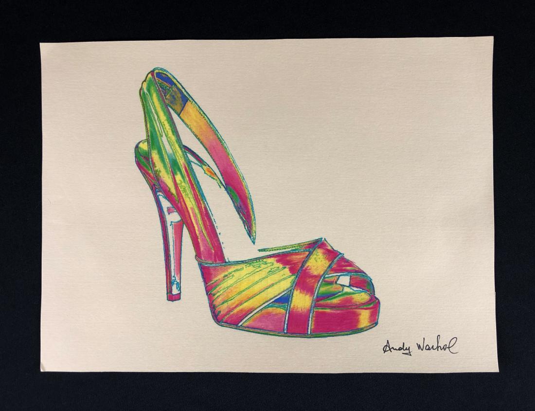 In the style of Andy Warhol-- Colored Pencil on: This lot consists of a colored pencil illustration on paper, "Andy Warhol" in ink at bottom. This stark, vibrant image depicts a hyper-bright slingback shoe balanced on soaring high heels. Done in the