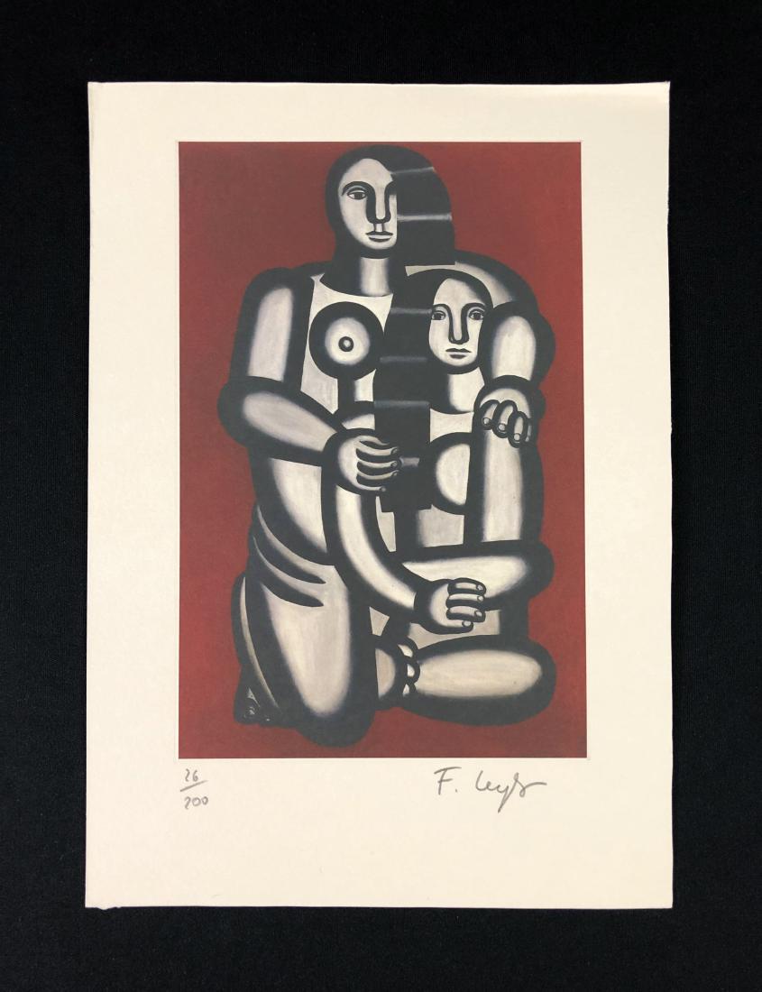 In the style of Fernand Leger-- Fine: This lot consists of a fine art print on paper, "F. Leger" and numbered "26/200" in graphite at bottom. Image depicts two monochrome women with long, rippling hair. They seem well prepared for their c