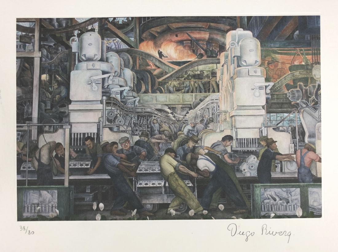 In the style of Diego Rivera-- Fine: This lot consists of a fine art print on paper, "Diego Rivera" and numbered "38/80" in graphite at bottom of piece. Image depicts a dizzying -- yet well orchestrated -- scene of working men who toil w