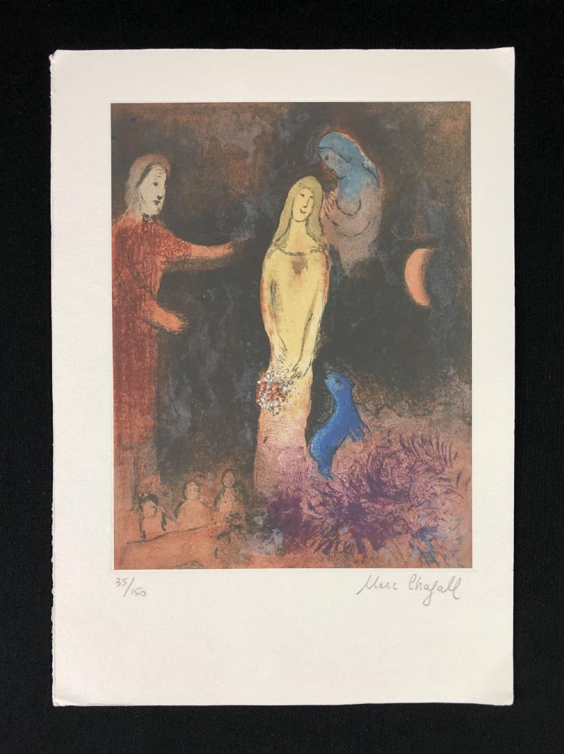 In the style of Marc Chagall--: This lot consists of a fine art print on paper, "Marc Chagall" and numbered "35/150" in graphite at bottom of composition. This warmly-toned image depicts a woman in white holding a bouquet of flowers