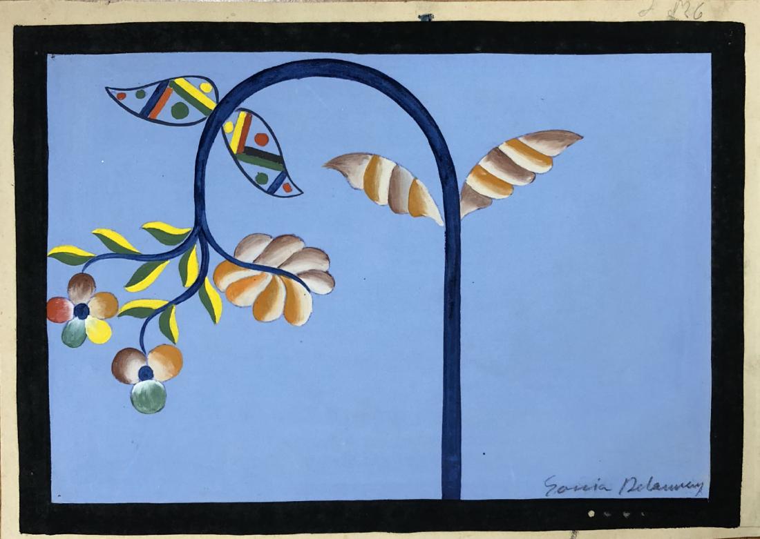 In the style of Sonia DelaunayHand: This lot consists of a Hand Painted Gouach on Paper lower right, "Sonia Delaunay". A single stem rises and bends under the weight of miss matches leaves and flowers growing off of it. Done in the Mode
