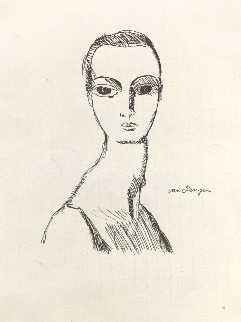 In the style of Kees van Dongen-- Hand Drawn: This lot consists of a hand drawn ink illustration on lined paper, "Van Dongen" at lower right. Image depicts a woman with an elongated neck, close-cropped hair, and massive eyes. It is done in the di