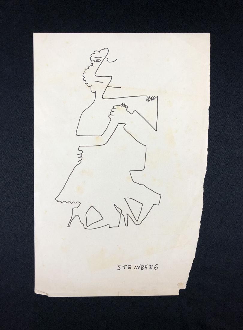 In the style of Saul Steinberg: This lot consists of a hand drawn Ink on Paper ''Steinberg'' in the lower right. Zig-zagging lines come together to create the image of a couple dancing cheek to cheek. Done in the Modern Art style of