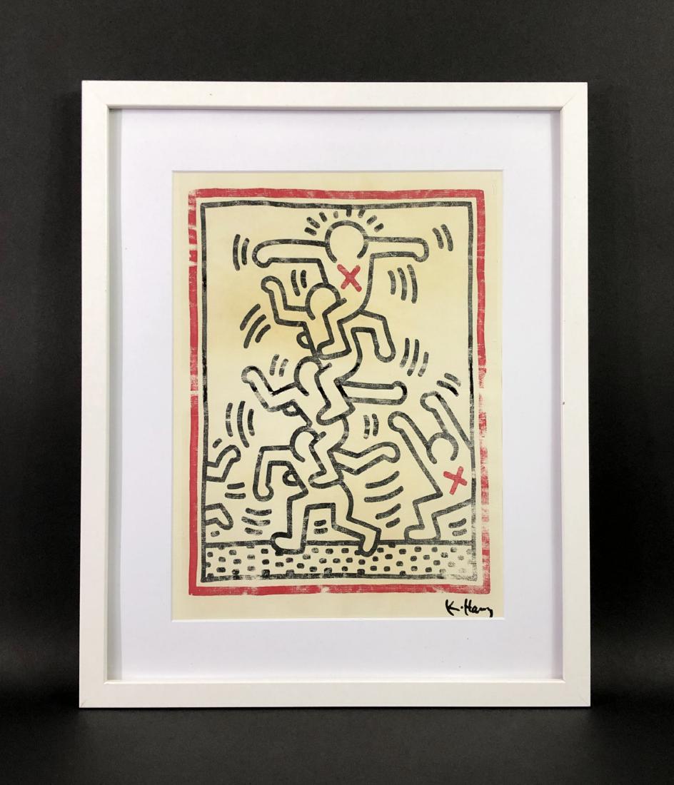 Keith Haring (American, 1958 -1990) - Ink Drawing: This lot consists of an ink drawing on what appears to be canvas paper, attributed to the contemporary street artist Keith Haring (American, 1958-1990). "K. Haring" hand written in ink at bottom left.