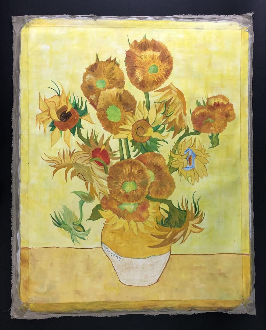 Vincent van Gogh (Dutch, 1853-1890) -- Large Oil: This lot consists of a large hand-painted oil painting on unstretched canvas, attributed to Post-Impressionist painter Vincent van Gogh (Dutch, 1853-1890). "Vincent" is hand-written at bottom center i