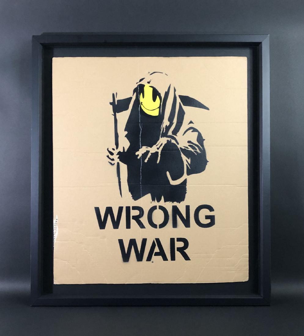 Banksy (British, 1974 - ) -- Hand Stenciled Aerosol: This lot consists of a hand stenciled aerosol painting on a large piece of recycled cardboard, attributed to the contemporary street artist Banksy (British, 1974 -). Image depicts the Grim Reaper hold