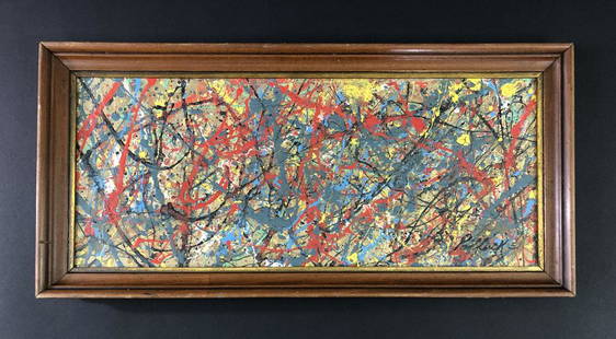 Jackson Pollock (1912 -1956) -- Acrylic Painting: This lot consists of a hand executed acrylic drip painting on board, attributed to modern artist Jackson Pollock (American, 1912 -1956). "Pollock 51" hand-written in acrylic at bottom right. Strong, s
