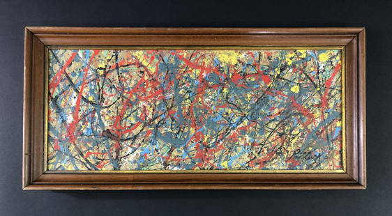 Jackson Pollock (1912 -1956) -- Acrylic Painting: This lot consists of a hand executed acrylic drip painting on board, attributed to modern artist Jackson Pollock (American, 1912 -1956). "Pollock 51" hand-written in acrylic at bottom right. Strong, s