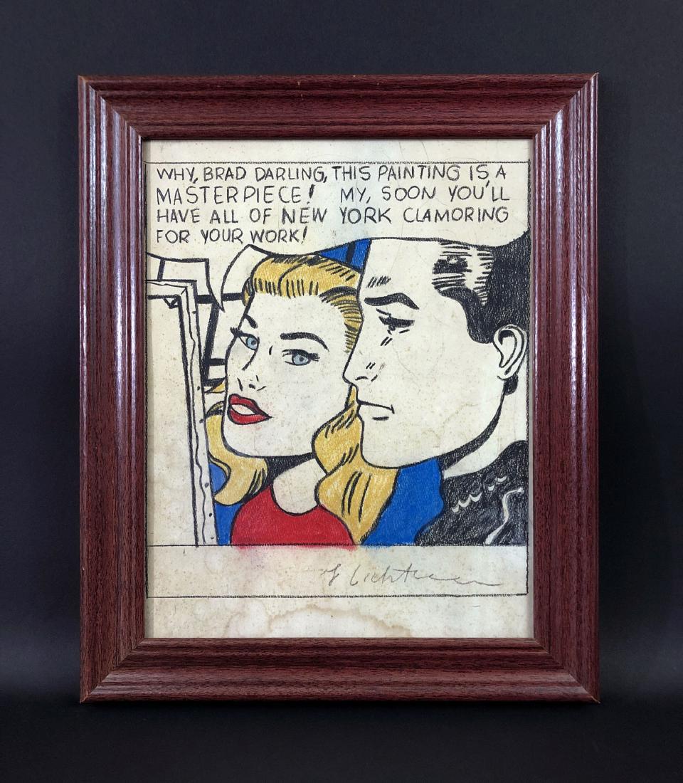Roy Lichtenstein (American, 1923 -1997) -- Hand Drawing: This lot consists of a framed, hand drawn mixed media (graphite and colored pencil) illustration on paper, attributed to the modern pop artist Roy Lichtenstein (American, 1923 -1997). "Roy Lichtenstei