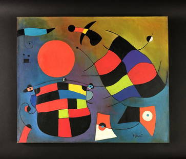 Joan Miro (Spanish, 1893-1983) - Oil Painting: This lot consists of an oil on canvas painting, attributed to modern abstract artist Joan Miro (Spanish, 1893-1983). Hand inscription at bottom reads, "Miro". This abstract image suggests a playful an