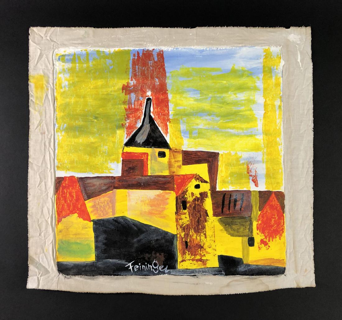 Lyonel Feininger (German, 1871 -1956) - Painting: This lot consists of a hand painted oil and acrylic on unstretched gessoed canvas attributed to expressionist Lyonel Feininger, German (1871-1956). Abstract image depicts what could be a rural landsca