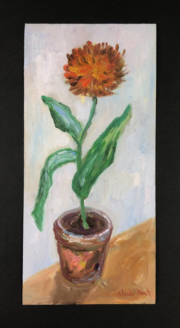 Claude Monet (French,1840 - 1926) -- Oil Painting: This lot consists of an oil painting on cardboard paper, attributed to the iconic impressionist painter Claude Monet (French, 1840-1926). This image depicts a single sunflower. This delicately execute
