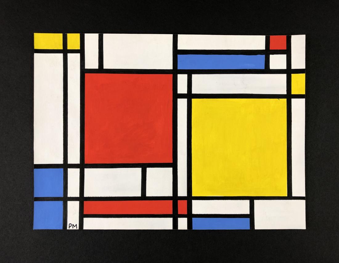 Piet Mondrian (1872-1944) -- Tempera on Paper: This lot consists of a tempera painting on paper, initialed "PM" at lower left corner of composition. Attributed to Piet Mondrian (Dutch, 1872-1944). This charming image depicts a De Stijl composition