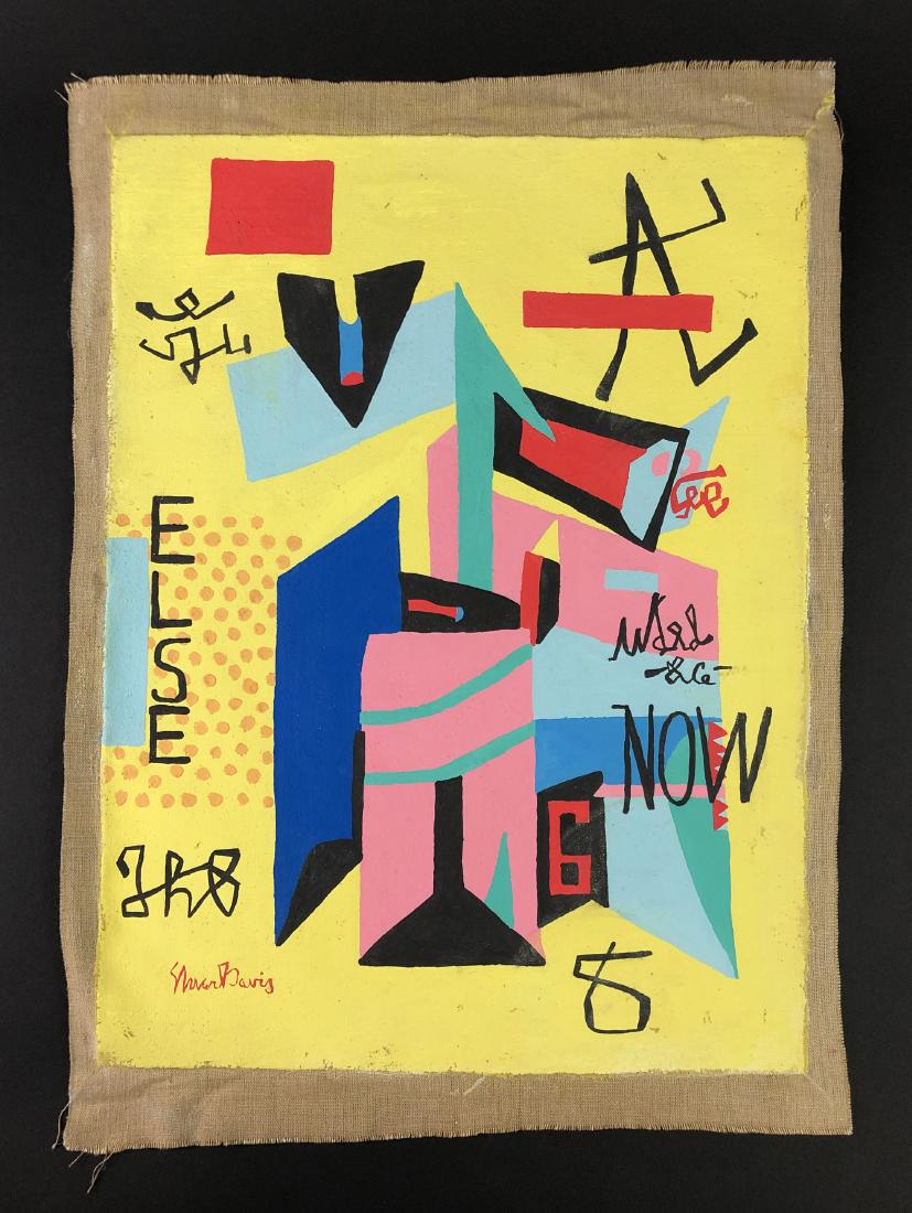 Stuart Davis (American, 1892-1964) -- Oil on Canvas: This lot consists of an oil painting on gessoed burlap canvas attributed to modernist painter Stuart Davis (American, 1892-1964). Painting is filled with symbols, words and abstractions painting with