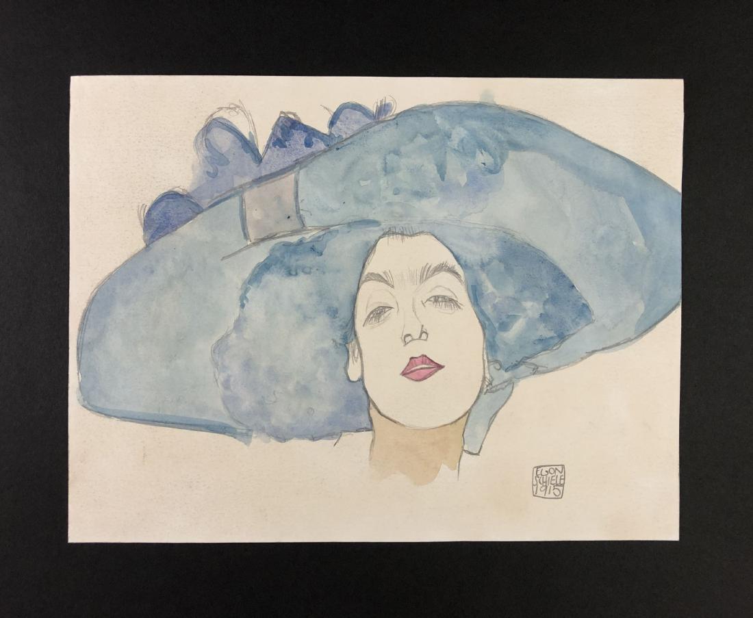 Egon Schiele (1890-1918) - Mixed Media on Paper: This lot consists of a watercolor and graphite illustration on paper, dated "Egon Schiele 1915". Attributed to Egon Schiele (Austrian, 1890-1918). Image depicts a beautiful woman in a massive blue hat
