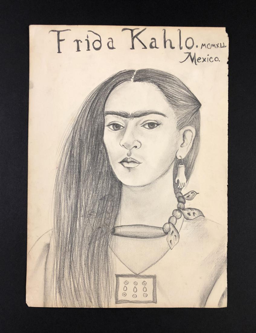 Frida Kahlo (1907-1954) - Graphite on Paper: This lot consists of a graphite illustration on paper. A handwritten inscription at top of composition reads, "Frida Kahlo. MCMXLI [1941]. Mexico." Attributed to Frida Kahlo (Mexican, 1907-1954). This