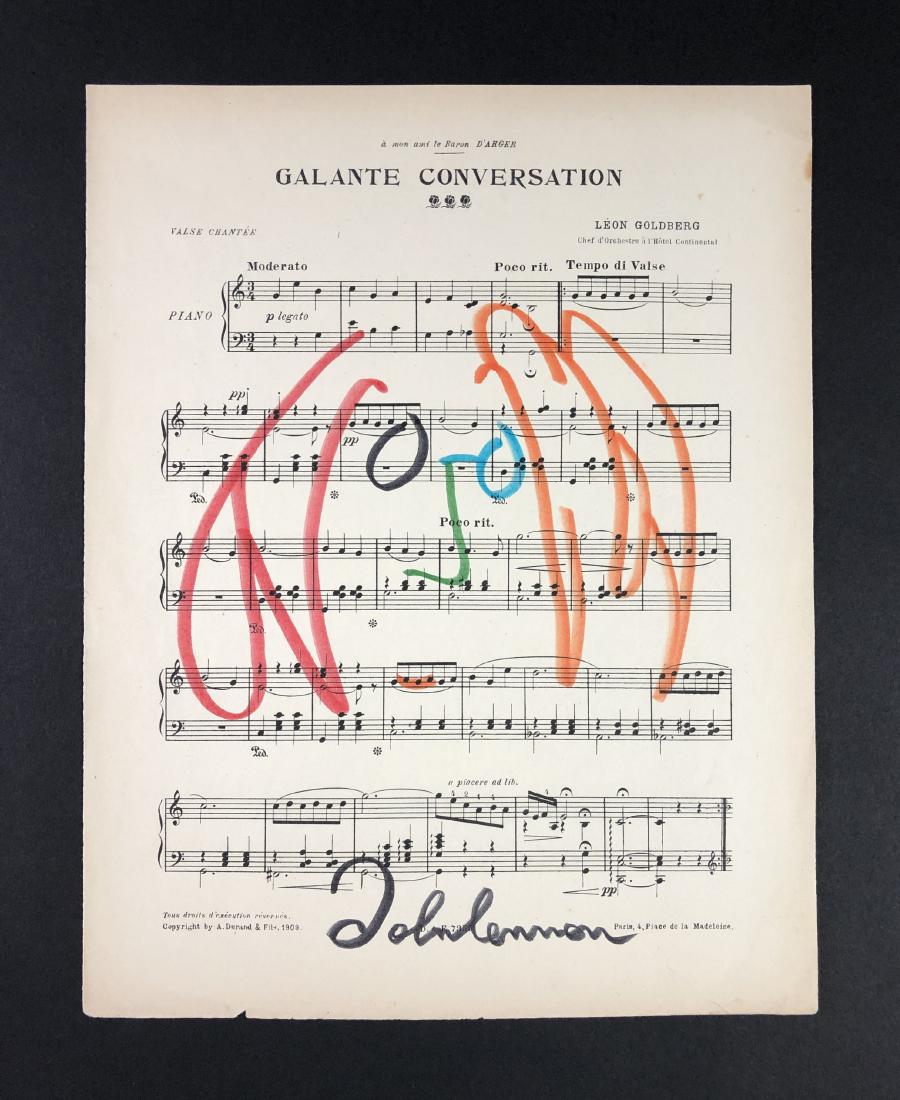 John Lennon (British, 1940-1980) - Marker Illustration: This lot consists of a marker illustration on a page of sheet music, attributed to artist, musician, and former Beatle, John Lennon (British, 1940-1980). A hand inscription at bottom reads, "John Lenn