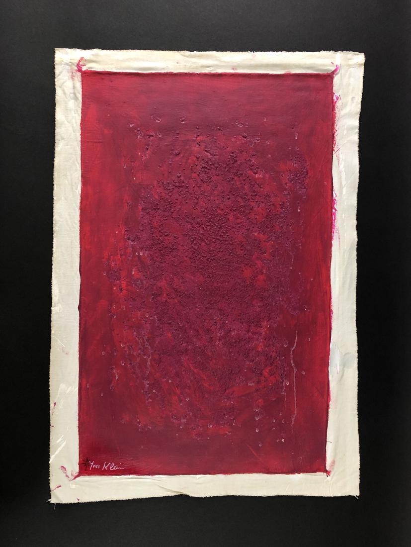 Yves Klein (French, 1928-1962) - Oil on Canvas: This lot consists of a hand painted oil abstraction on unstretched gessoed canvas attributed to Modern Artist Yves Klein (French, 1928-1962). A layer of vibrant red covers an undercoat of rough textur