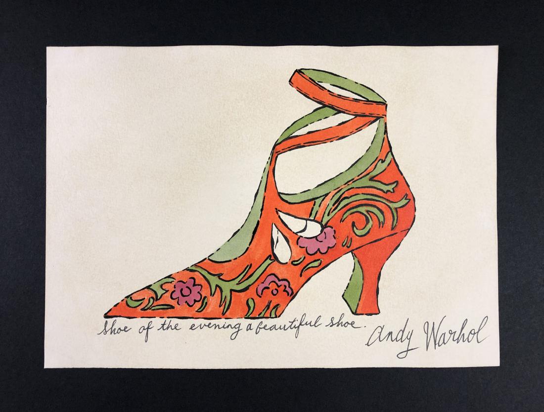 Andy Warhol (1928-1987) â€“ Mixed Media on Paper: This lot consists of a mixed media (ink and watercolor) on paper, attributed to Andy Warhol (American, 1928-1987). This Pop Art image depicts a orange ladies shoe with green vines and maroon flowers, 